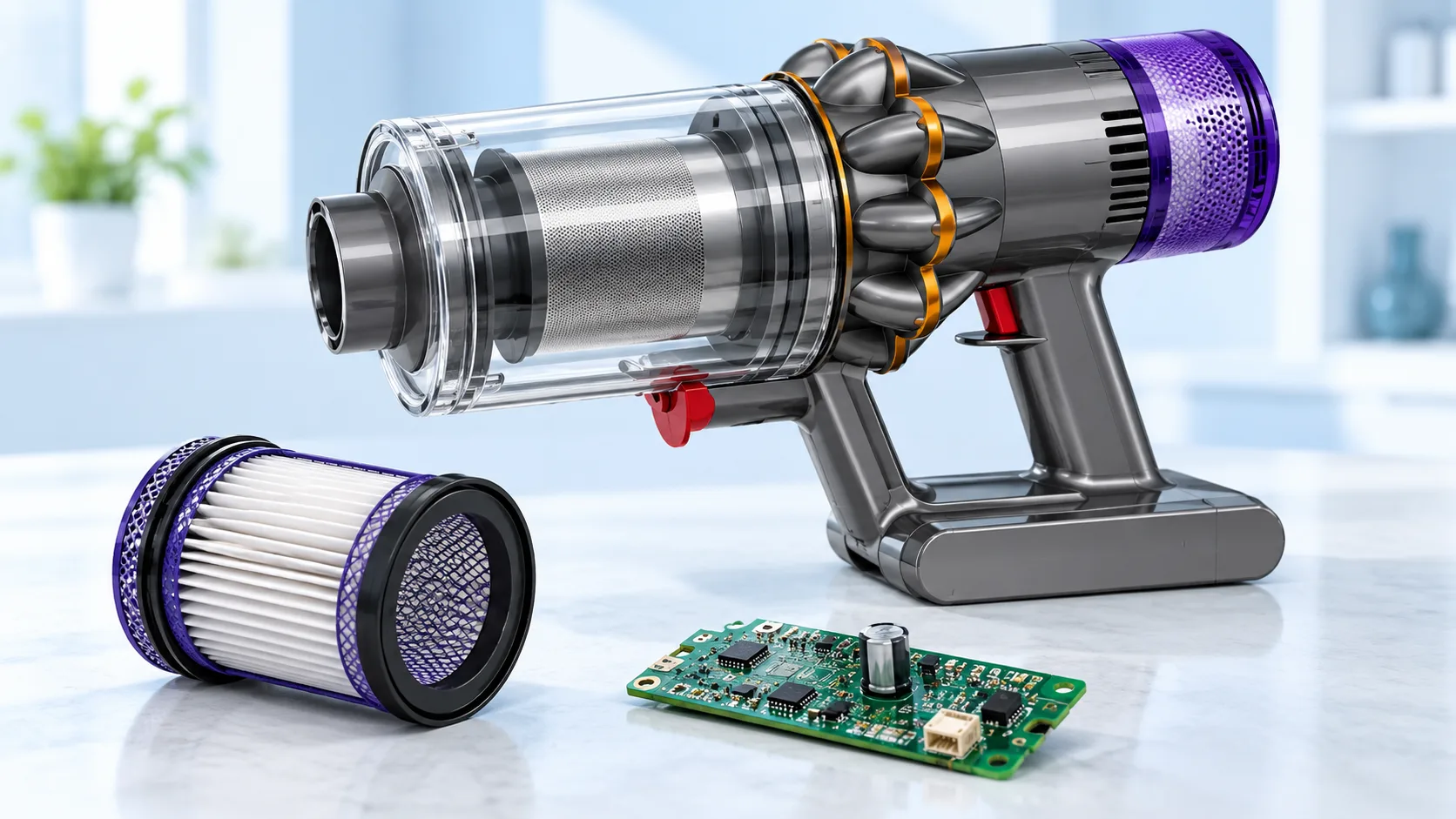 Ilustracja korpusu odkurzacza, filtra i płytki elektronicznej
